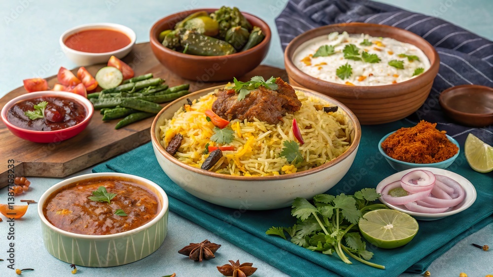 Mauritian biryani feast with flavorful accompaniments showcasing vibrant local cuisine Mauritian biryani feast with flavorful accompaniments showcasing vibrant local cuisine