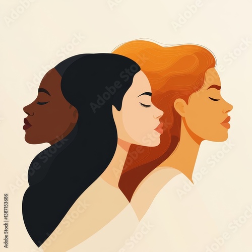 Women of different races standing together. Profile silhouettes of three female characters with various skin colors and hair styles. Minimal flat style illustration. Feminist movement, Generative AI