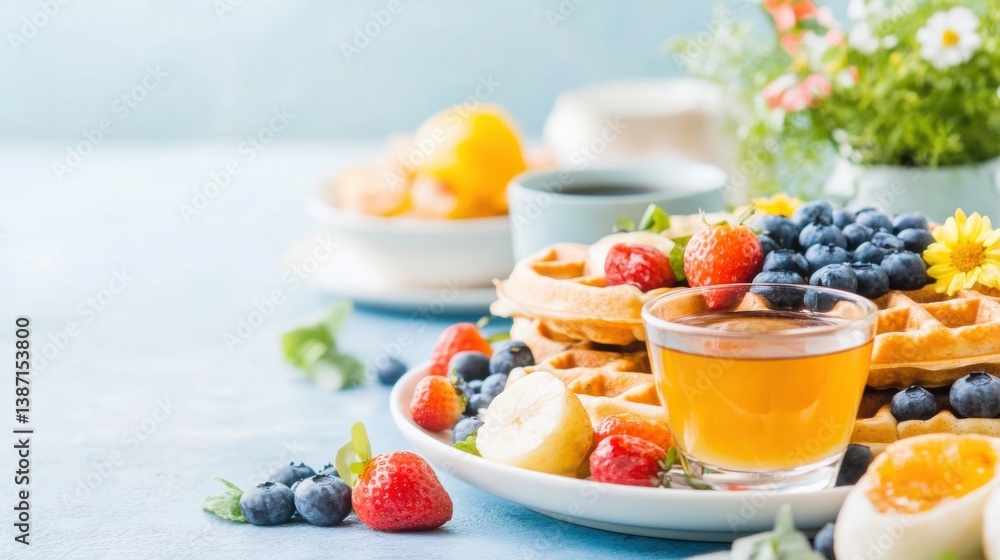 A colorful breakfast spread showcases waffles garnished with strawberries, blueberries, and bananas next to maple syrup. A colorful breakfast spread showcases waffles garnished with strawberries, blueberries, and bananas next to maple syrup.