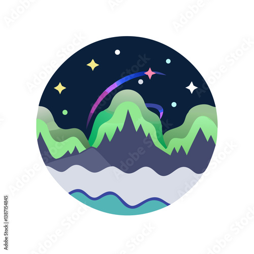 Flat landscape with aurora and stars at night