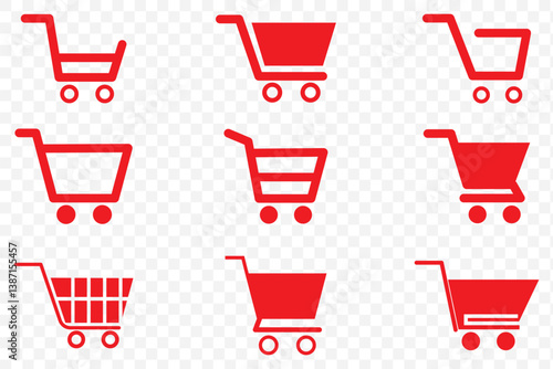 Red Shopping cart, basket icon set. Shopping basket icon set. Buy on market or supermarket. Red Shopping Cart. Vector illustration on Transparent Background. EPS 10.