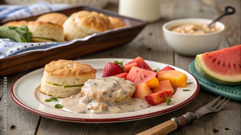 Delicious rustic southern breakfast featuring biscuits and gravy served with fresh fruit and creamy yogurt Delicious rustic southern breakfast featuring biscuits and gravy served with fresh fruit and creamy yogurt