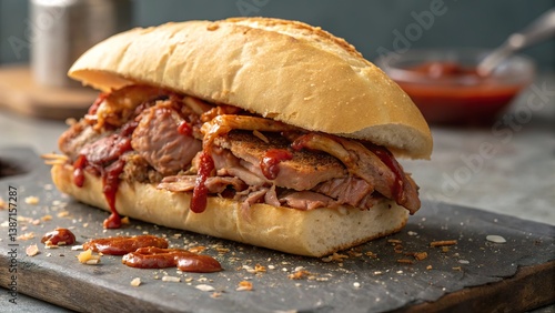 Savory bifana sandwich nestled in toasted roll, a delightful treat from Portuguese cuisine sharing flavor and tradition