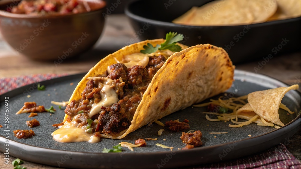 Mouthwatering beef birria taco with melting cheese served on a textured plate with traditional condiments nearby Mouthwatering beef birria taco with melting cheese served on a textured plate with traditional condiments nearby
