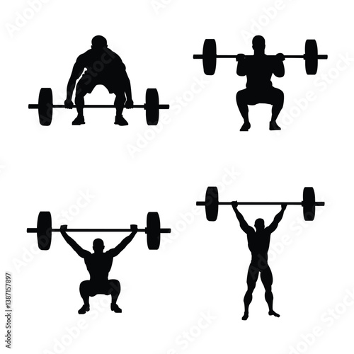 Weightlifting Squat Exercise in Black Silhouettes With White Background
