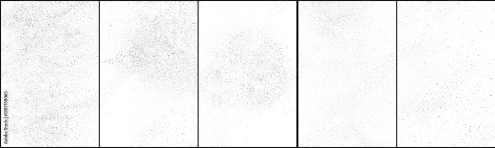 Distressed paper background. Grain noise. Dust effect overlay. Sand texture. Snow pattern. Black ink splash. Grainy isolated on white. Collection vector illustration, EPS 10.