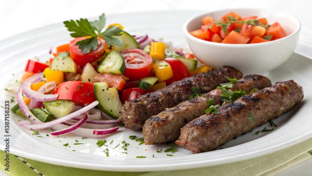 Delicious side view of beef cevapi served with a vibrant vegetable salad and fresh tomato salsa Delicious side view of beef cevapi served with a vibrant vegetable salad and fresh tomato salsa