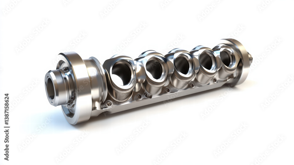 Engine Cylinder Head: A close-up view of a polished engine cylinder head, showcasing the intricate details of the casting, ports and valves. Engine Cylinder Head: A close-up view of a polished engine cylinder head, showcasing the intricate details of the casting, ports and valves.
