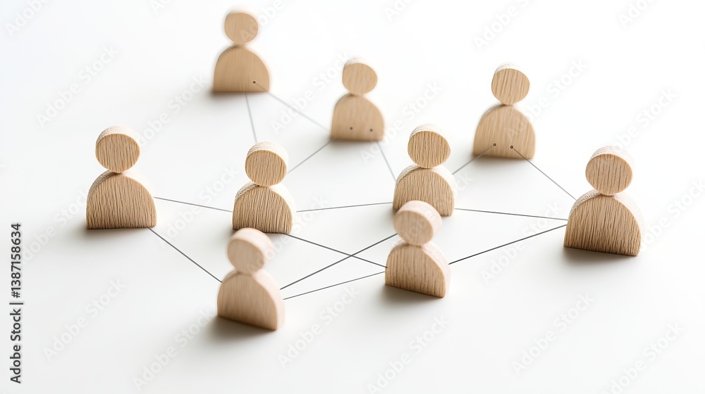 Obraz premium Wooden figures connected by threads, network, teamwork, collaboration
