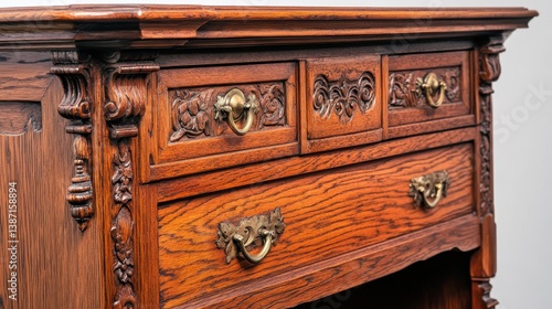 Antique Wooden Cabinet with Intricate Carvings and Brass Handles
