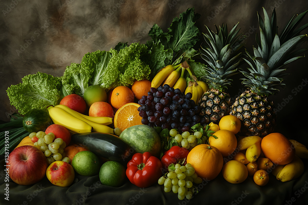 Abundant Fresh Fruit and Vegetables Still Life Pineapples, Grapes, Oranges, Apples, Bananas, and Lush Greens Abundant Fresh Fruit and Vegetables Still Life Pineapples, Grapes, Oranges, Apples, Bananas, and Lush Greens
