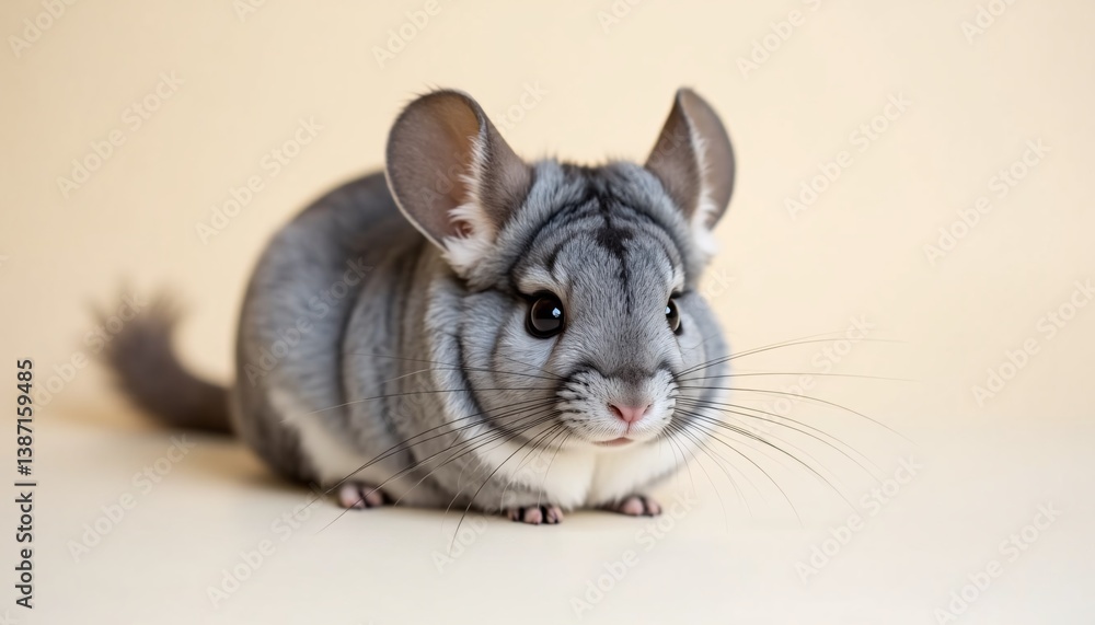 Fototapeta premium Portrait of a chinchilla with plush gray fur, bright eyes, soft cream backdrop, perfect for lab animal advertising.