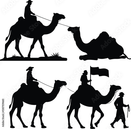 Camel Silhouette Set | Dromedary, Nomadic Travel, and Wildlife Desert Illustration Camels Silhouette Set | Desert Animal, Caravan Travel, and Middle Eastern Vector Collection
