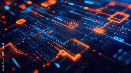 Futuristic circuit board interface, glowing lights, complex network