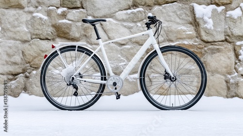 A white hybrid bicycle with black tires and fenders rests against a stone wall. The bike is positioned slightly angled, showcasing its design. The setting is snowy. The image is well-lit, crisp, and