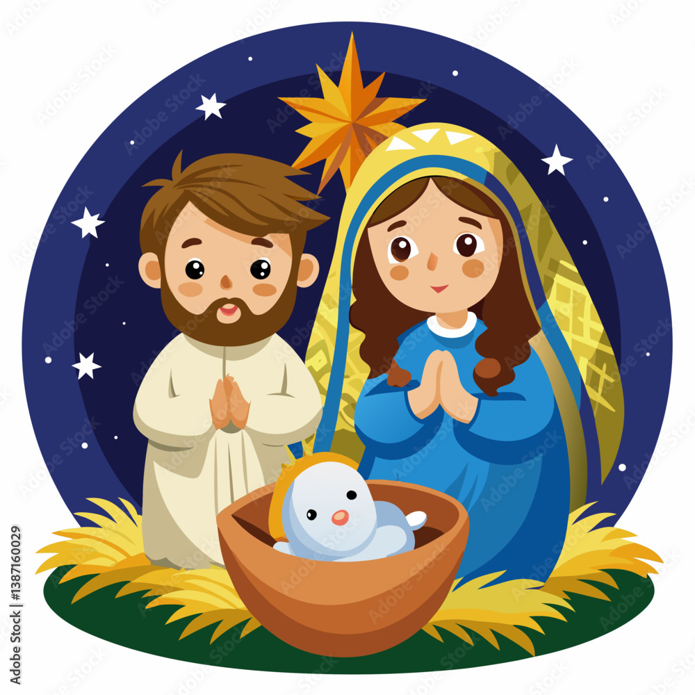 Naklejka premium Cute Baby Jesus in Manger vector – printable clipart, cartoon & line art for Christmas crafts.