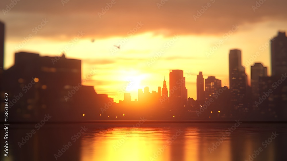 Fototapeta premium A vibrant sunrise over a cityscape, representing new beginnings and the motivation to pursue ones dreams, in the style of impressionism