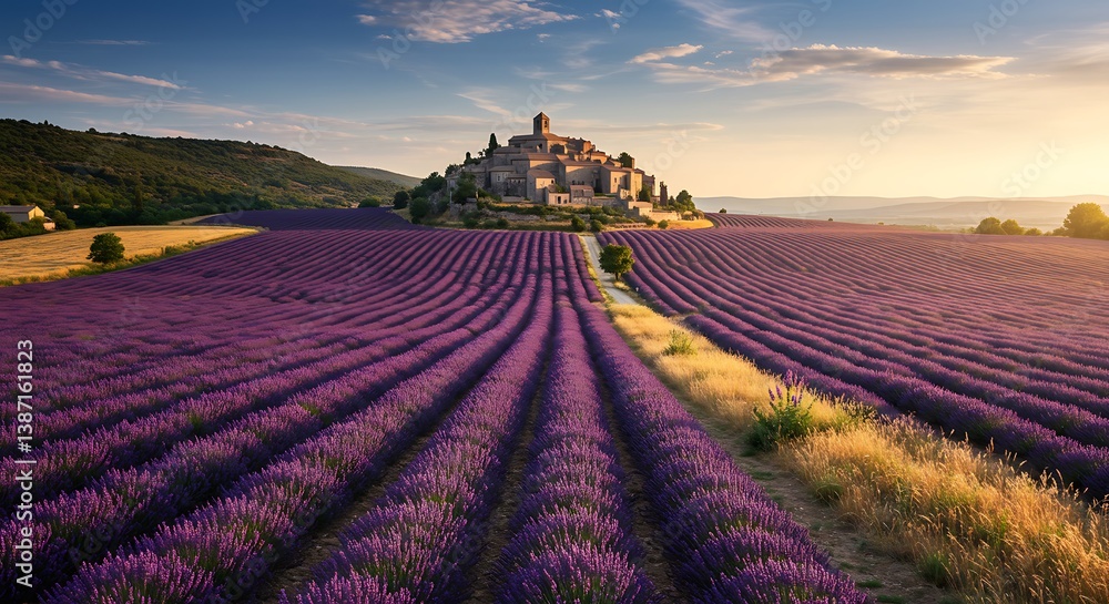 Obraz premium Sunrise over Lavender Fields and Hilltop Village AI Generated