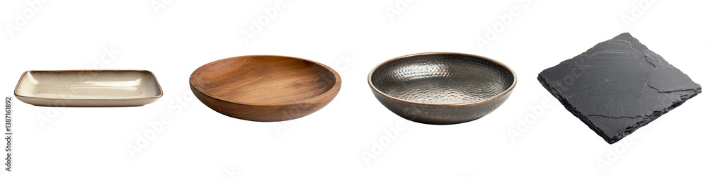 Empty ceramic, wood, and metal bowls with a slate plate. Empty ceramic, wood, and metal bowls with a slate plate.