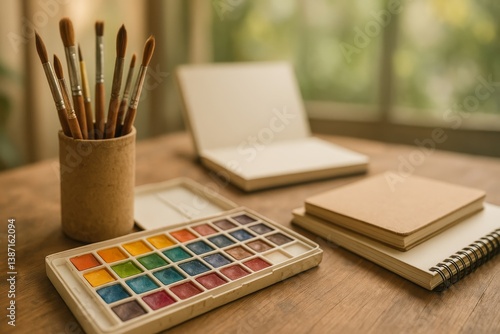 Artist Workspace With Watercolor Paints and Sketchbooks in Natural Light
