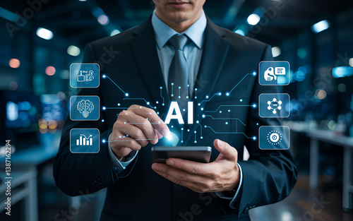 Businessman use artificial intelligence AI technology for enhanced work efficiency data analysis and efficient tools, Unlocking work potential with AI solutions chatbot help solve work problems.