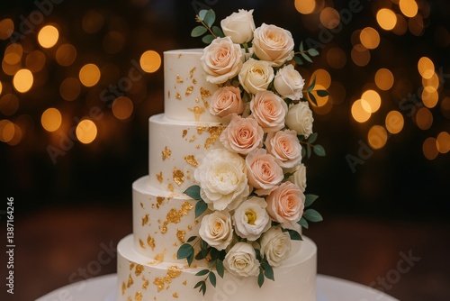Elegant Wedding Cake Adorned With Roses and Gold Accents at a Romantic Celebr...