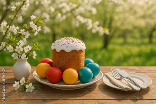 Festive Easter Cake With Colored Eggs and Spring Flowers on a Wooden Table in...