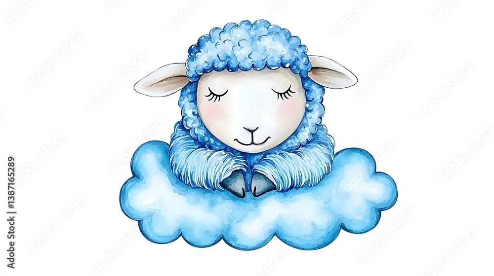 Fototapeta premium Cute Cartoon Sheep with Blue Wool resting on a Cloud