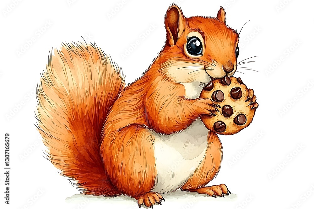 Fototapeta premium Cute cartoon squirrel holding a chocolate chip cookie in paws