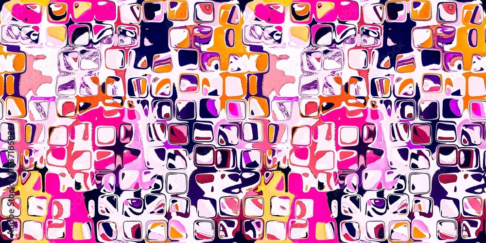 Naklejka premium Abstract blotched random mosaic shape square seamless border pattern. Dense grungy mottled effect fabric texture design with tileable banner print. For speckled impressionism style ribbon trim edge.