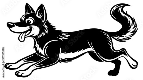 "Simple cartoon German Shepherd dog with floppy ears, running across a white background."