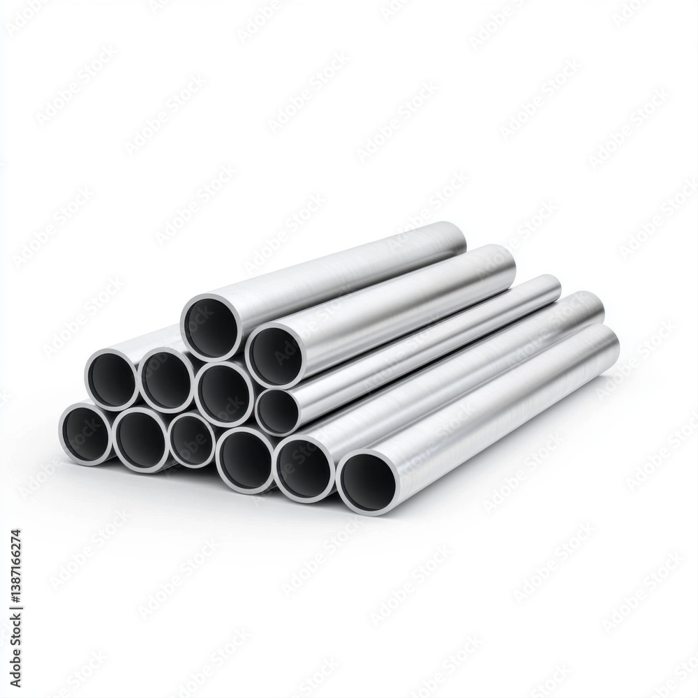 Stacked Metal Pipes on a White Background for Industrial and Construction Use Stacked Metal Pipes on a White Background for Industrial and Construction Use