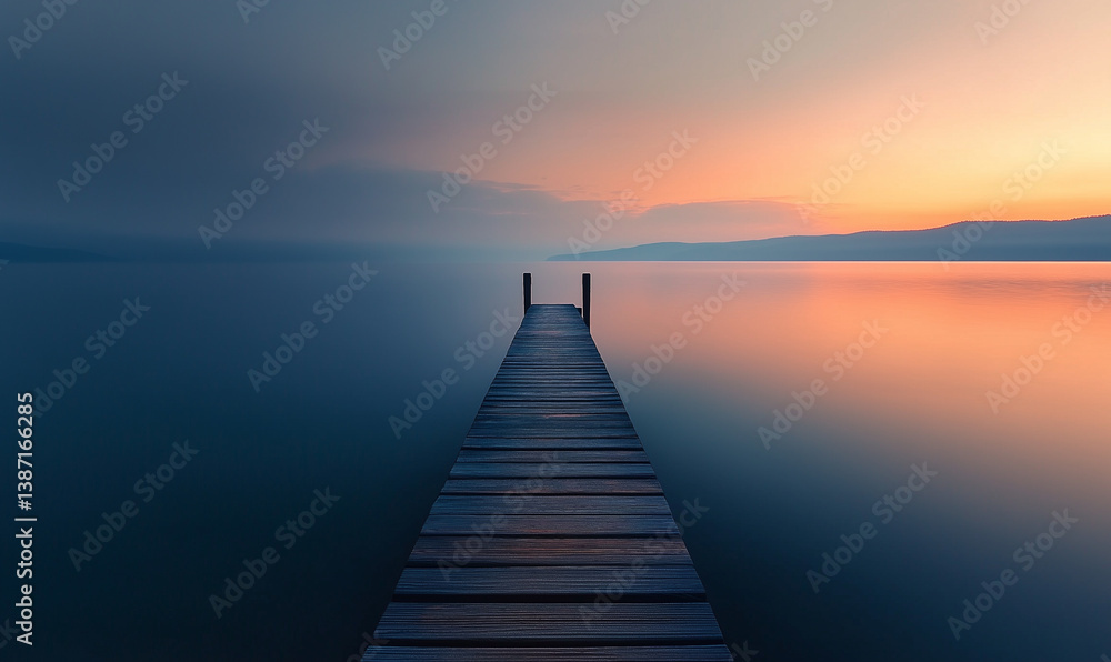 Fototapeta premium long wooden pier on the sea in sunset foggy light