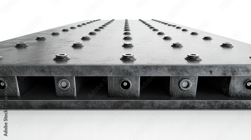 Obraz premium Metal Plate Texture: Close-up view of a heavy-duty metal plate with rivets and bolts, showing detailed texture and industrial strength.