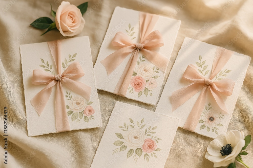 Handcrafted Floral Invitations Arranged on a Soft Fabric Backdrop in a Natural Light Setting Handcrafted Floral Invitations Arranged on a Soft Fabric Backdrop in a Natural Light Setting
