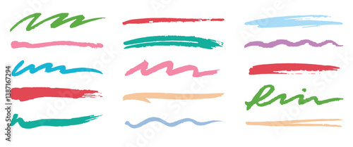 Crayon brush stroke color underline. Chalk pen highlight stroke. Vector hand drawn brush underline element set for accent, crayon texture emphasis element. Color kid chalk vector illustration