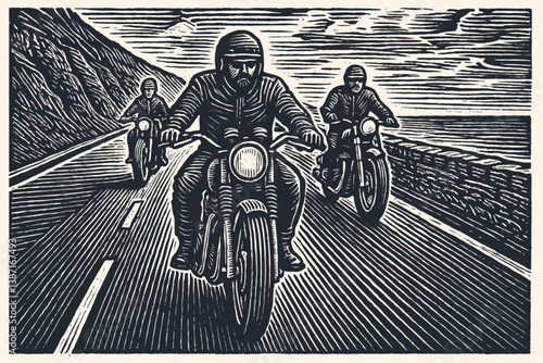 Woodcut style vector illustration. Three motorcyclists wearing helmets ride classic bikes on a scenic coastal road alongside the sea and cliffs.