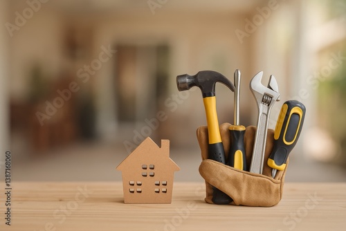 Home Repair Tools Displayed With a Wooden House Model in a Cozy Indoor Setting