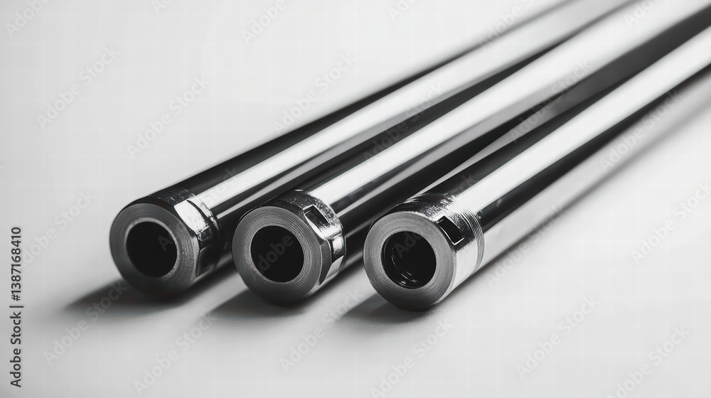 Fototapeta premium Metal Pipe Ends Closeup: A trio of polished steel pipes, each with a distinct end cap, lay in a staggered arrangement, highlighting their chrome finish and reflective surfaces.