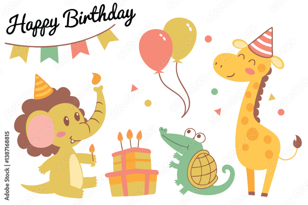 Obraz premium Whimsical Cartoon Animal Birthday Party Illustration – Cute & Colorful Kids Design