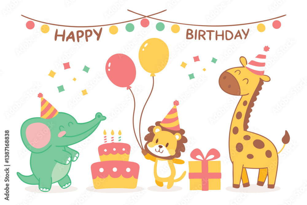 Naklejka premium Whimsical Cartoon Animal Birthday Party Illustration – Cute & Colorful Kids Design