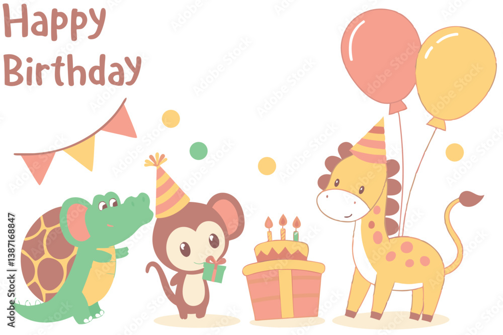 Obraz premium Whimsical Cartoon Animal Birthday Party Illustration – Cute & Colorful Kids Design