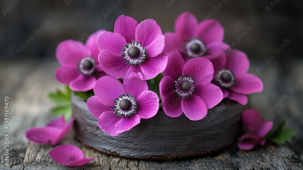 Dark Chocolate Cake with Vibrant Pink Anemones