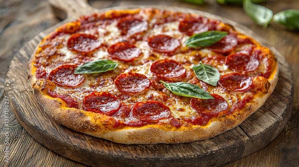 Delicious Pepperoni Pizza on Rustic Wooden Board Delicious Pepperoni Pizza on Rustic Wooden Board
