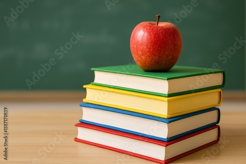 Books and Apple on Desk in Classroom Setting During School Time