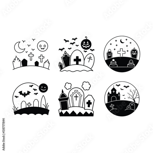 halloween-graveyard-vector on white background,Instant Digital Download.