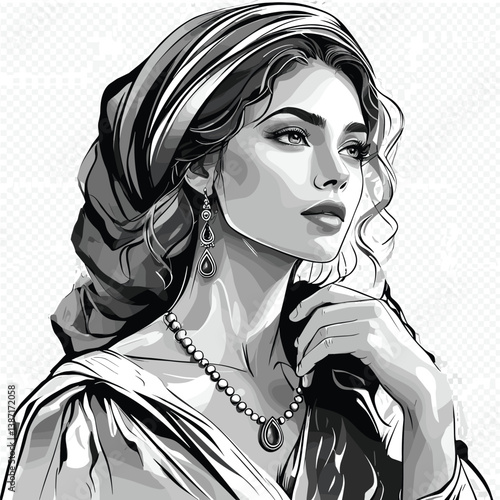 woman factory worker wearing a headscarf and overalls, evoking a nostalgic, hardworking aesthetic sketch engraving generative ai vector illustration. Scratch board imitation.