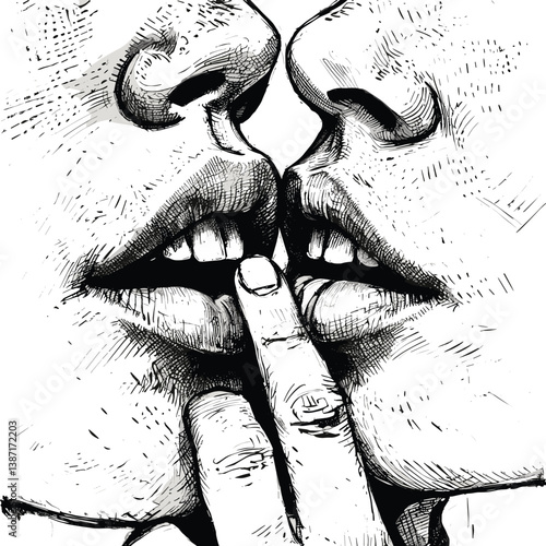 close-up kiss between two women, capturing intimacy and passion in line art style sketch engraving generative ai fictional character 