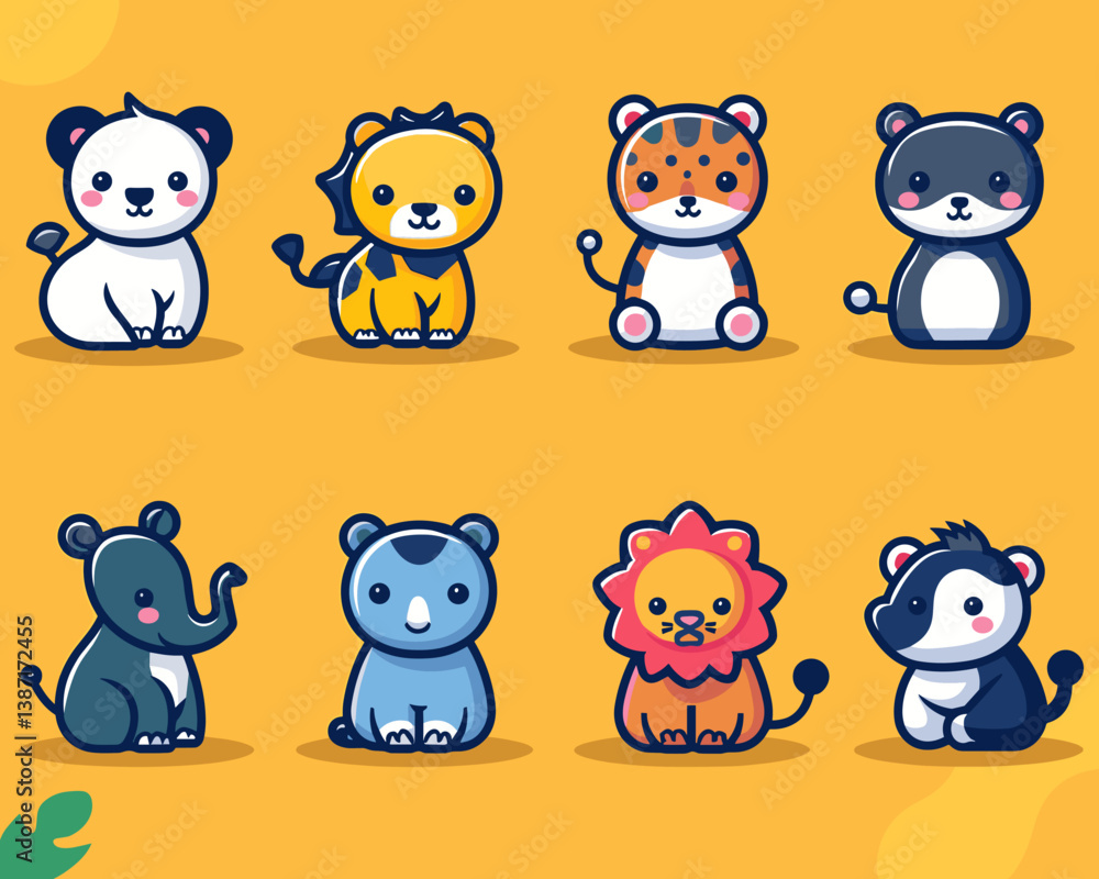 Naklejka premium Set of cute cartoon animals on white background. Vector illustration for your design.