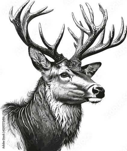 deer with large antlers, surrounded by decorative foliage, evoking a sense of nature, wildlife, and elegance sketch engraving generative ai PNG illustration. 